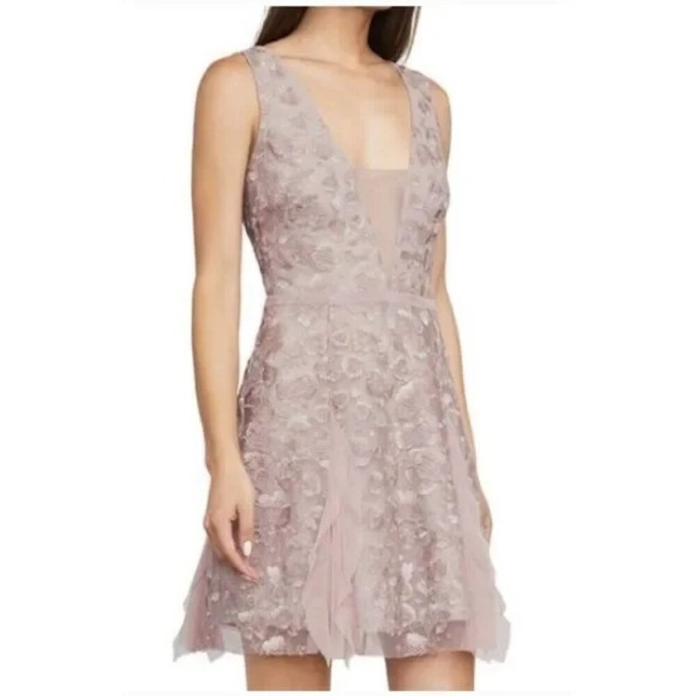 BCBGMaxazria Pink Phoebe Floral Embroider Lace Overlay Cocktail Mesh Mini Dress